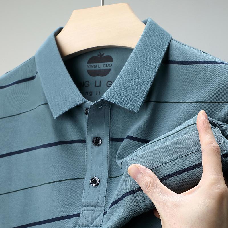 Cotton Short-Sleeved T-Shirt Men'S Medium And Green Loose Casual Half-Sleeved Striped Bottoming Shirt Polo Shirt