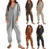 Women Fall Winter Jumpsuit V-Neck Long Sleeve Comfortable Fit Oversized One Tone Pockets Deep Crotch Carryallgy Ankle-banded Soft Lady Pajam