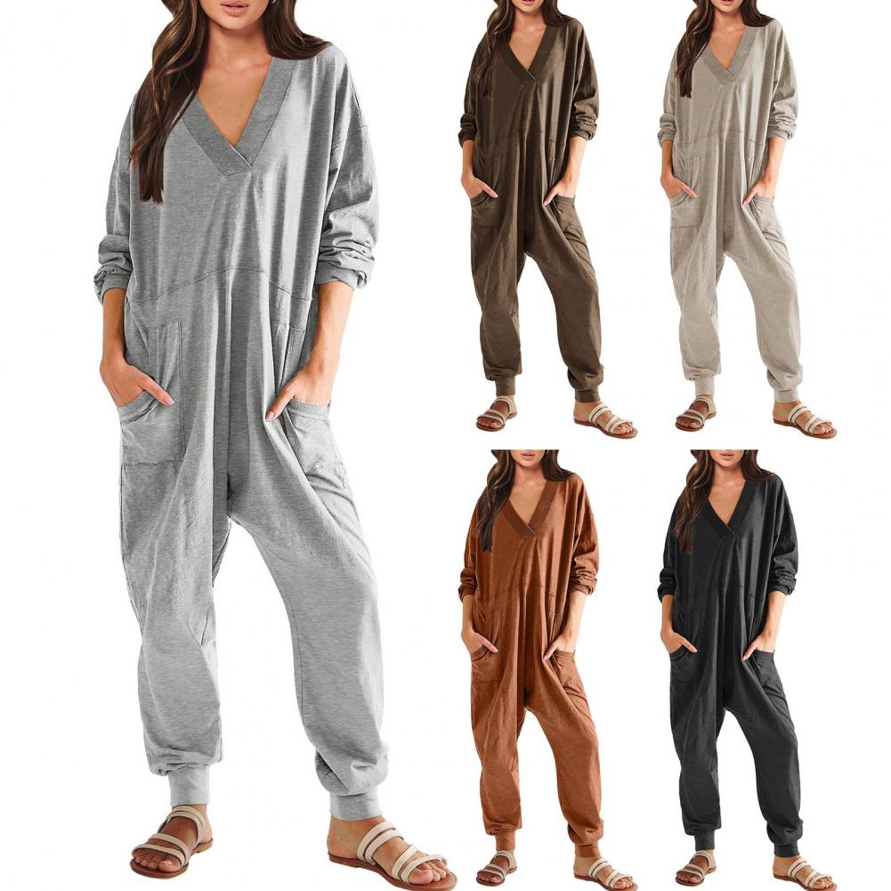 Women Fall Winter Jumpsuit V-Neck Long Sleeve Comfortable Fit Oversized One Tone Pockets Deep Crotch Carryallgy Ankle-banded Soft Lady Pajam