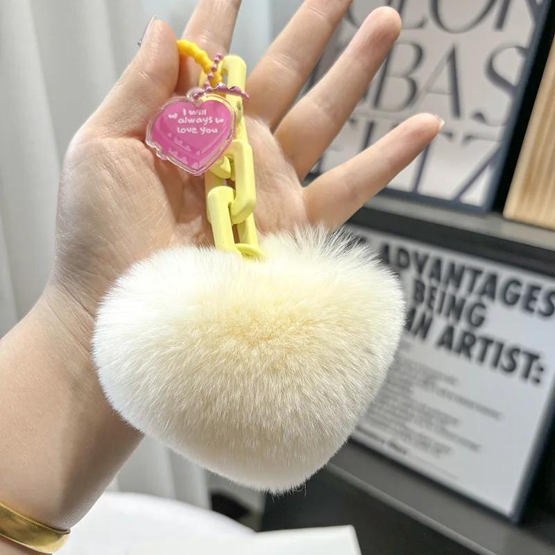 New Creative Real Fur Rex Rabbit Hair Pink Love Chain Car Exquisite Schoolbag Pendant Couple Pendant Cute Bag Charm