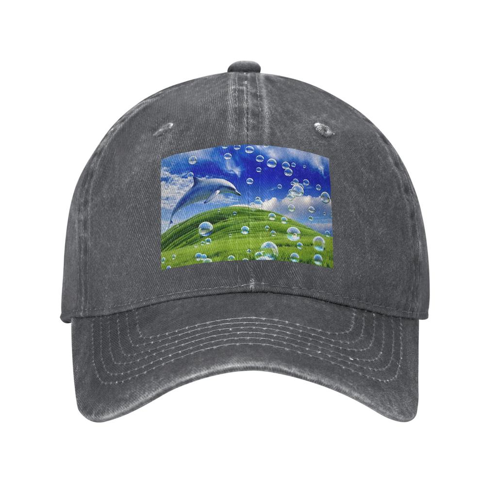Frutiger Aero Dolphin y2k Aesthetic Meadow with Bubbles and Mountains and Sky Denim Fabric Cap Baseball Caps Hat Baseball Hats