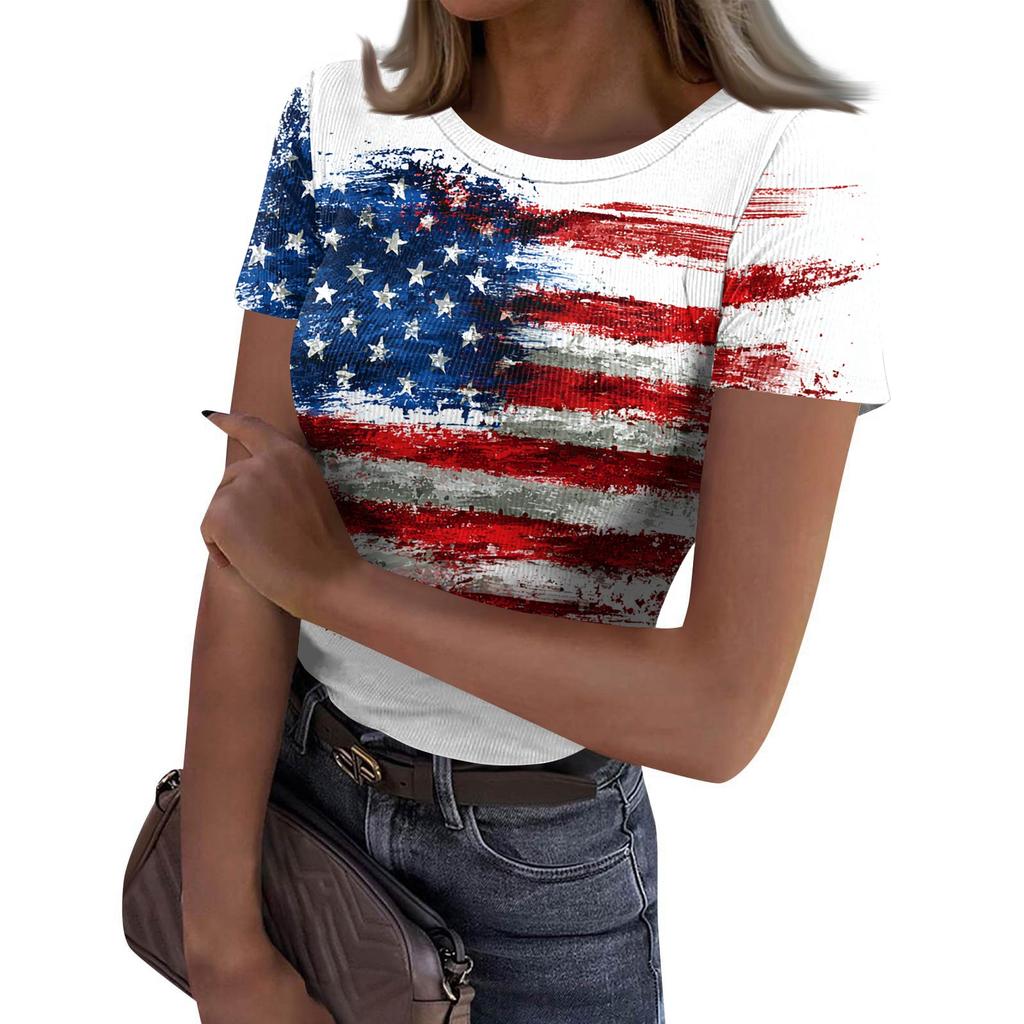 Women's Casual Fashion Round Neck Independence Day Print Short-Sleeve Ribbed Top