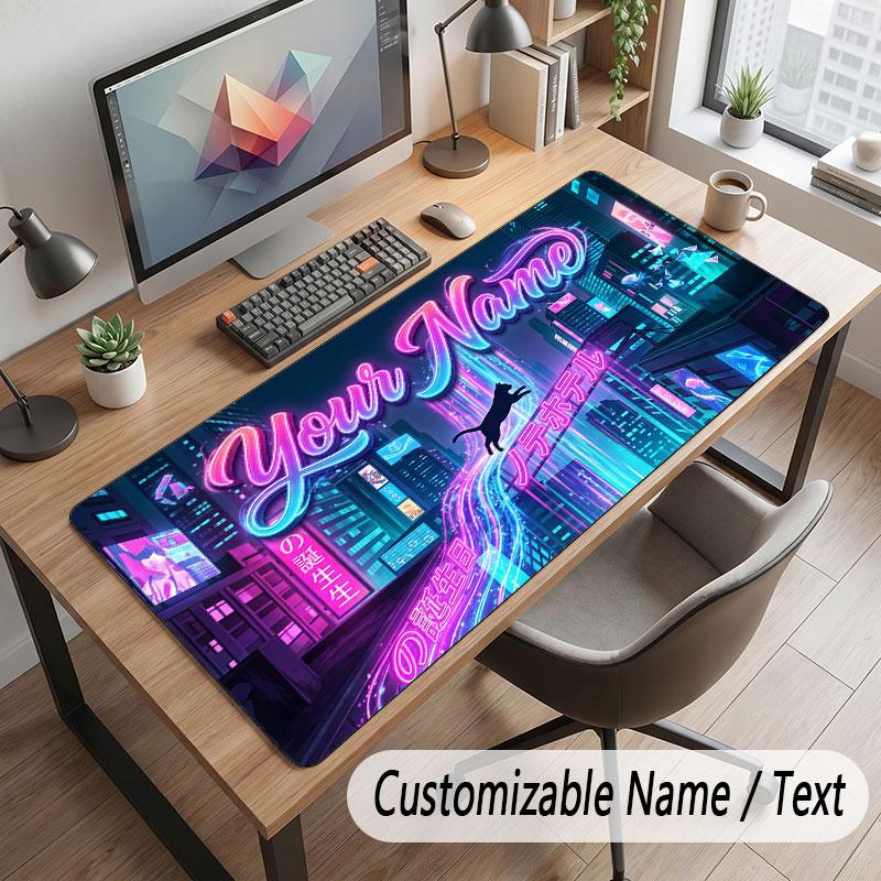 City Cyberpunk Theme Customized Mouse Pad Personalized Print Name Text Desk Mat For Home Office Table Decor
