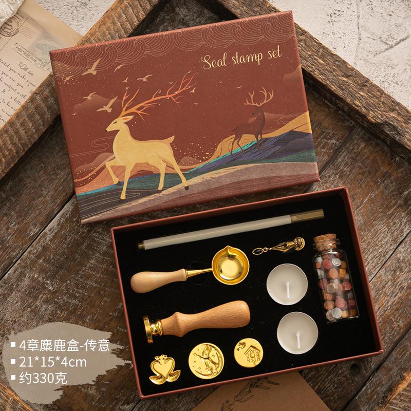 Wax Seal Stamp Kit Vintage Reindeer Gift Box Wax Furnace Seal Round Wax Set Wooden Handle Wax Seal Kit
