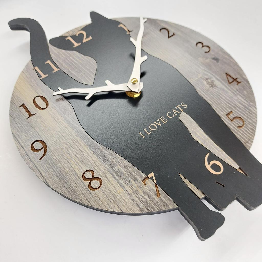 Stylish Cat Wall Clock, Cat 2, Vintage Wood Grain Analog Wall Clock, Silent Clock, Wall Decor, Bedroom, Home, Room Decor