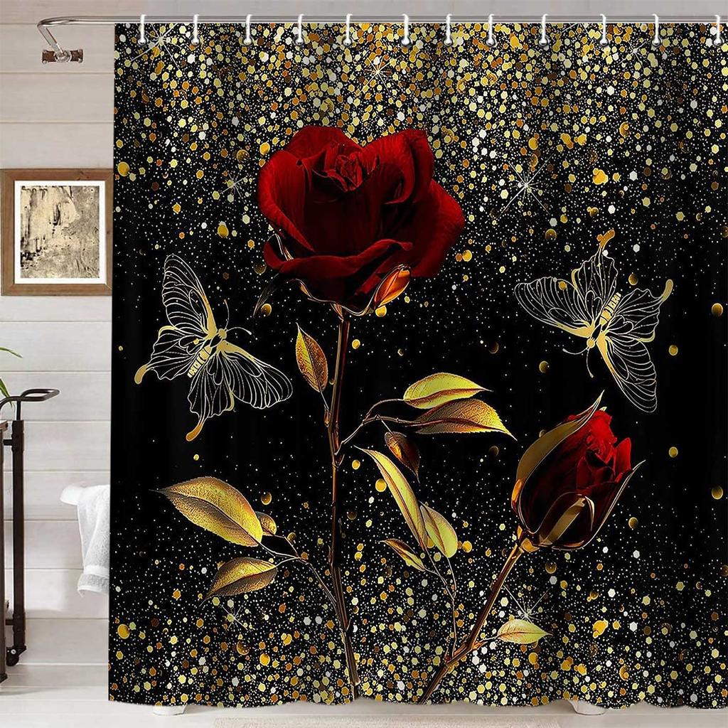 Purple Rose Shower Curtain Retro Floral Shower Curtains Waterproof Gold Classical Chic Elegant Flowers Vintage Bathroom Curtains