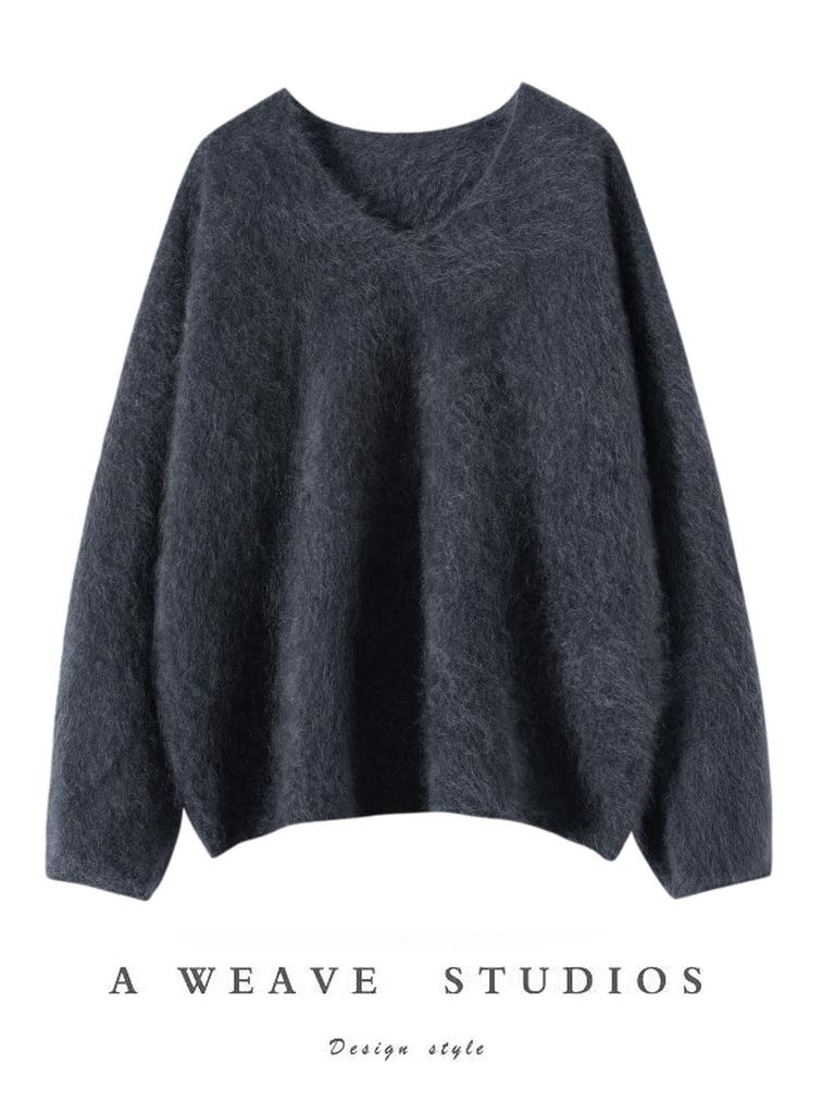 Women's Soft V-Neck Cashmere Pullover - 100% Pure, Fluffy, Seamless, Long Sleeve, Loose Fit, Ideal for Autumn and Winter