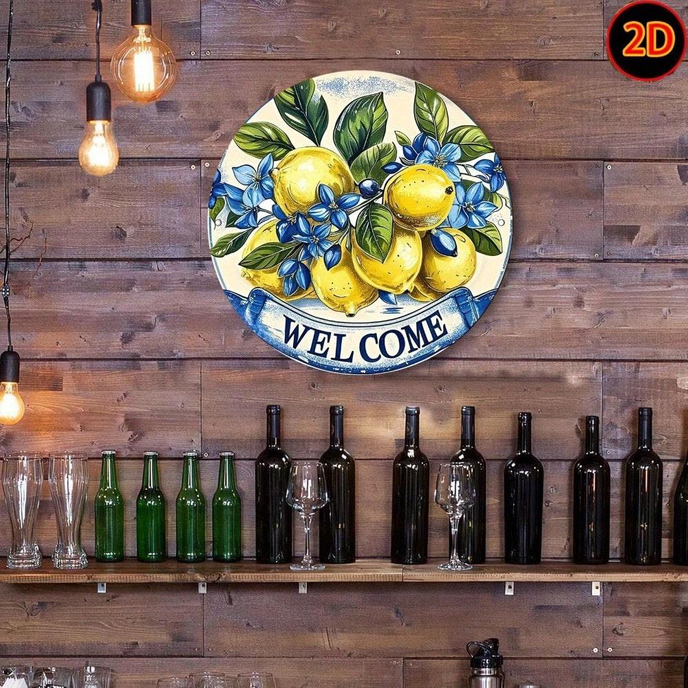 Vintage Lemon Floral Welcome Sign Rustic Aluminum Metal Wall Decor Indoor Outdoor