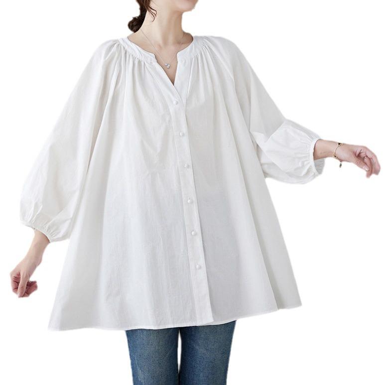 Jarní a letní dámská jednobarevná košile s výstřihem do V a lucernovými rukávy, nadměrná velikost, bavlněno-lněná košile