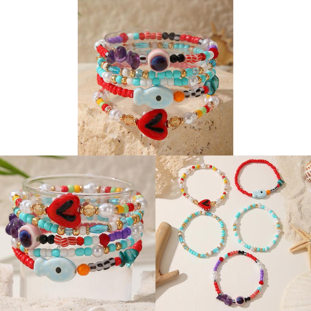 Bohemian Style Multicolored Glass Beaded Bracelet With Heart And Evil Eye For Vacation Gift For Women