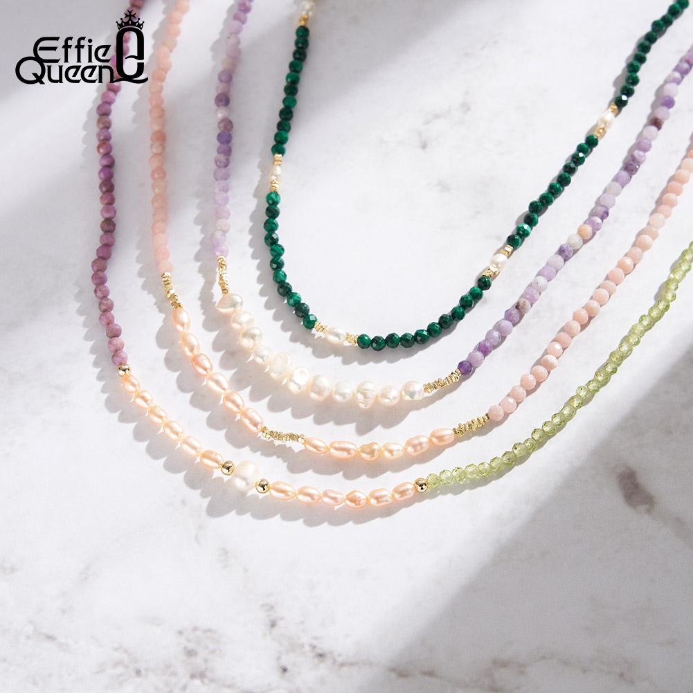 EFFIE QUEEN 925 Sterling Silver 14K Gold Choker Necklace Natural Freshwater Pearl With Pink Opal Natural Stone Series Gift MPN05