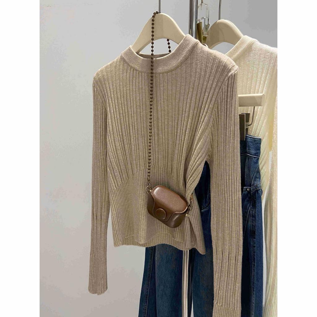 Einfacher vertikaler Rippstrickpullover Damen Herbst und Winter Temperament Taille Rundhals Unterhemd, dünnes Oberteil