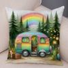 Happy Campers Pillow Case Double Print Decor Cartoon House Travel Car Cushion Cover for Sofa Home Soft Plush Pillowcase