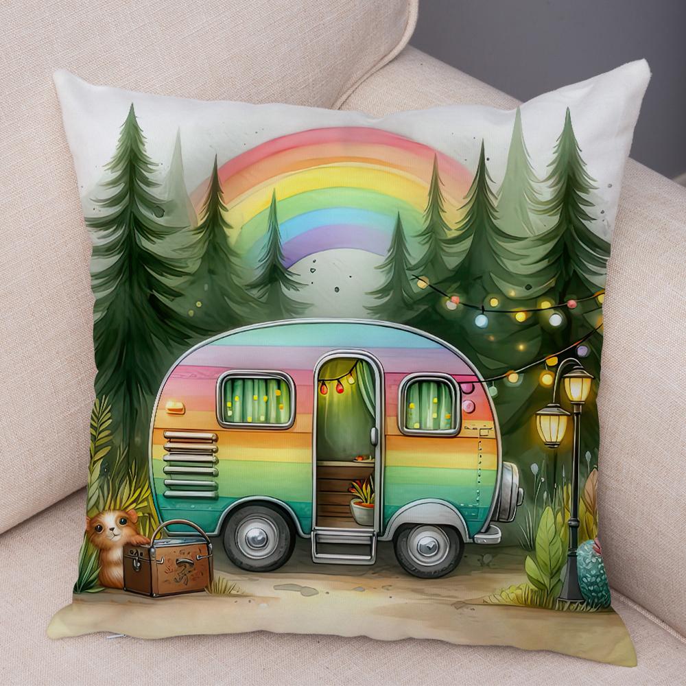 Happy Campers Pillow Case Double Print Decor Cartoon House Travel Car Cushion Cover for Sofa Home Soft Plush Pillowcase
