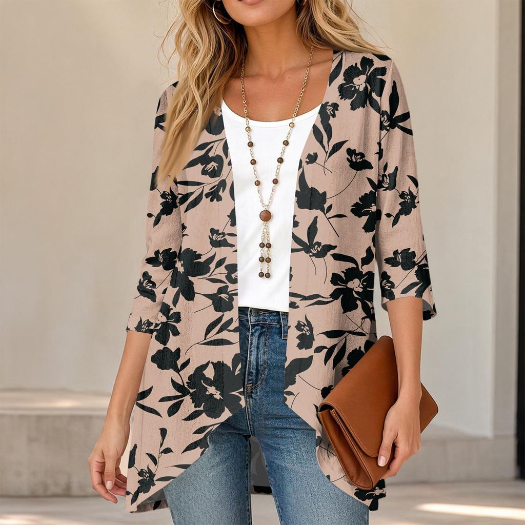 Women's Retro Floral Print Three-Quarter Sleeve Loose Fit Lightweight Cardigan for Casual Everyday Wear