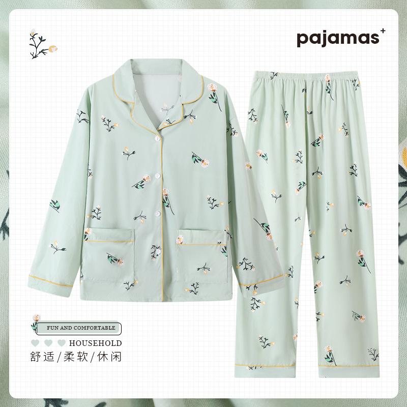 Fashion Flower Spring and Autumn Mom Loose Large Size Homewear Casual Imitation Cotton Long Sleeve Pajamas Two-piece Set Real Shot