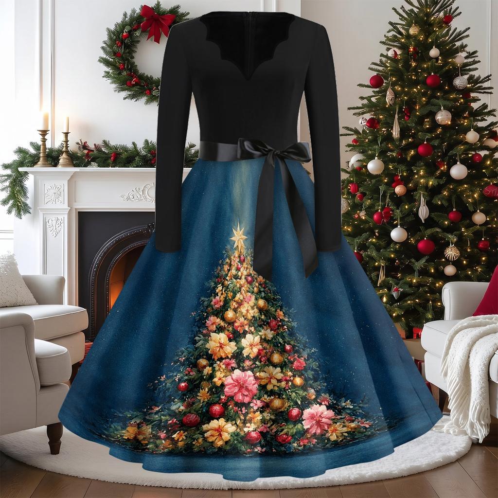 Women's Casual Vintage V-Neck Long Sleeve Dress with Christmas Print for Holiday Party