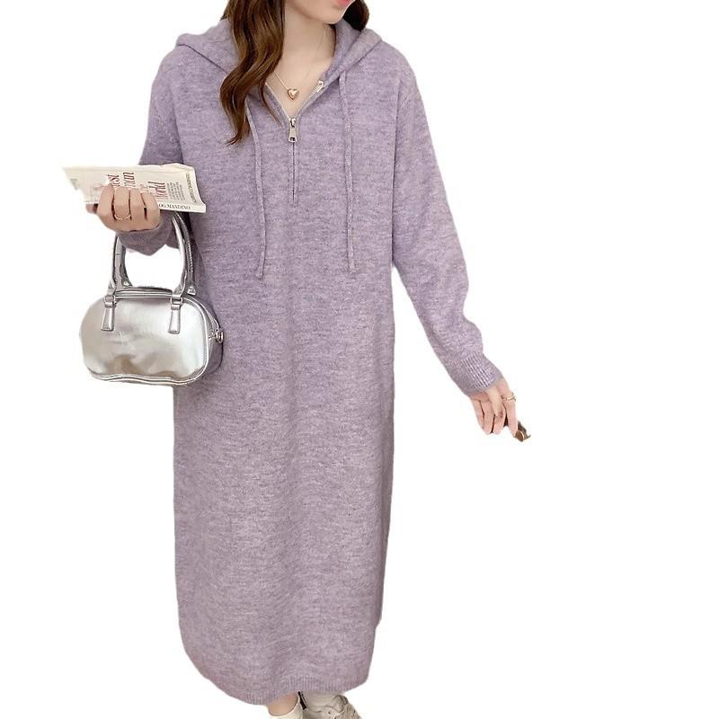 Hooded sweater knitted skirt autumn and winter new simple loose zipper solid color knee dress sweater