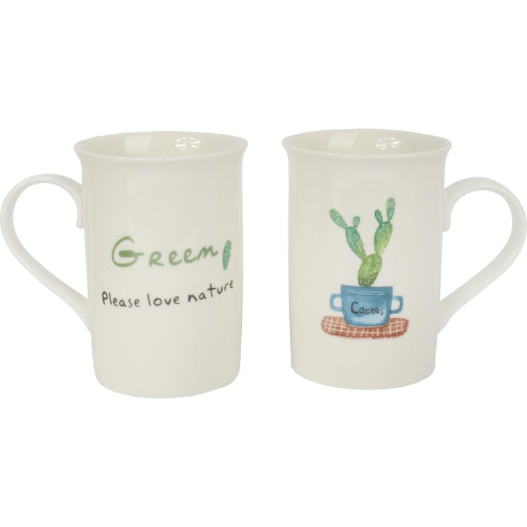 Love Nature Gift Set: 2 Ceramic Mugs with Spoons in a Cactus Design