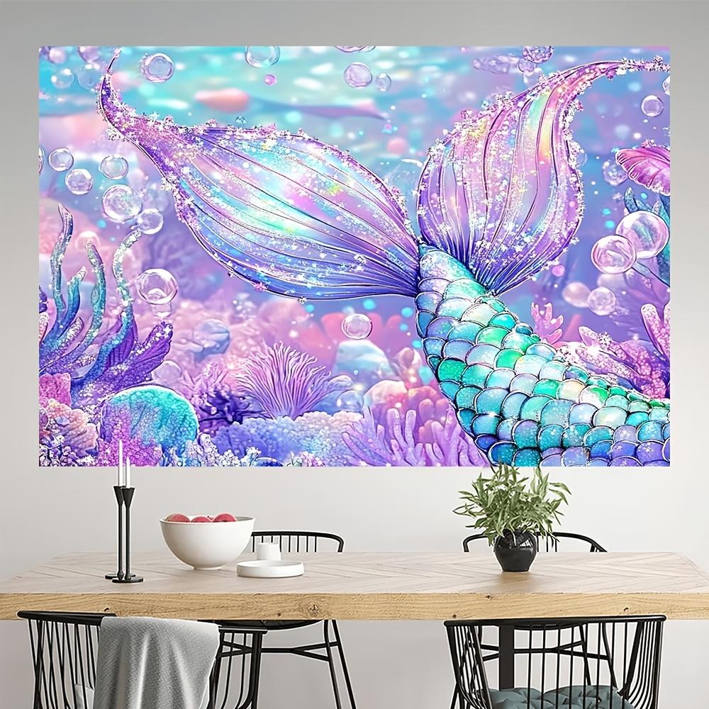 2D Flat, 1pc, Underwater Mermaid Birthday Backdrop, Purple Coral and Pearl Glitter Scales for Party Decorations Background