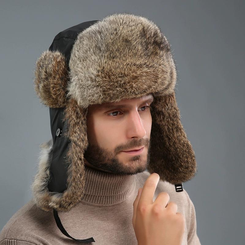 Rabbit Fur Lei Feng Hat for Men and Women In Winter Thickened Warm Ear Protection Cold Outdoor Northeast Leather Straw Hat Ski Hat Cotton
