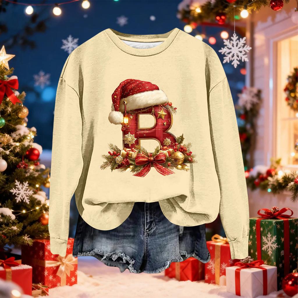 Women's Fashionable Casual Long-Sleeved Christmas Letter Print Crew-Neck Sweatshirt