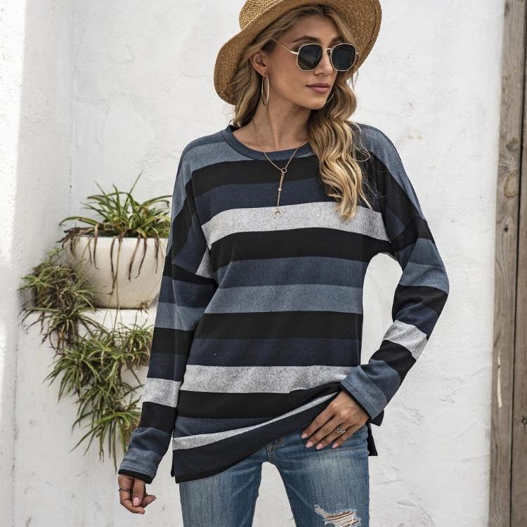 Oversize Women Loose Stripe Sweatshirt Sweater Round Neck Tshirt