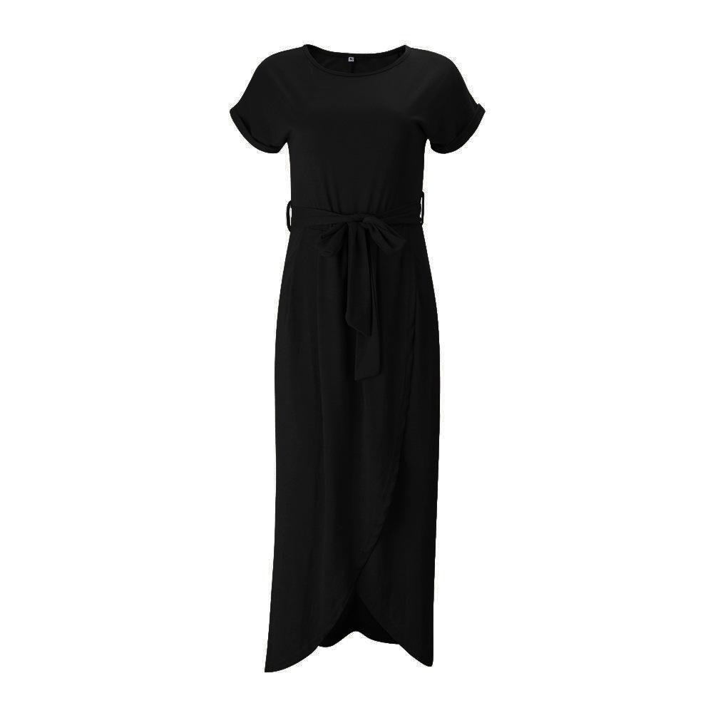 Women's Short Sleeve Wrap Maxi Dress Round Neck Tie Waist Asymmetrical Casual Long Dress
