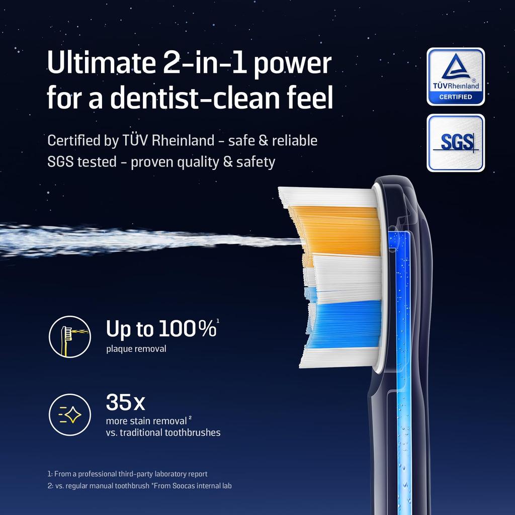 Soocas NEOS II Electric Toothbrush with Jet Sonic Oral Interdental Water 124 PSI High Plaque Battery IPX8 Perfect for White Washer, 2-in-1 Toothbrush,