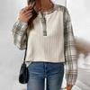 Blusa da donna autunnale e invernale a patchwork a quadri a maniche lunghe con scollo rotondo