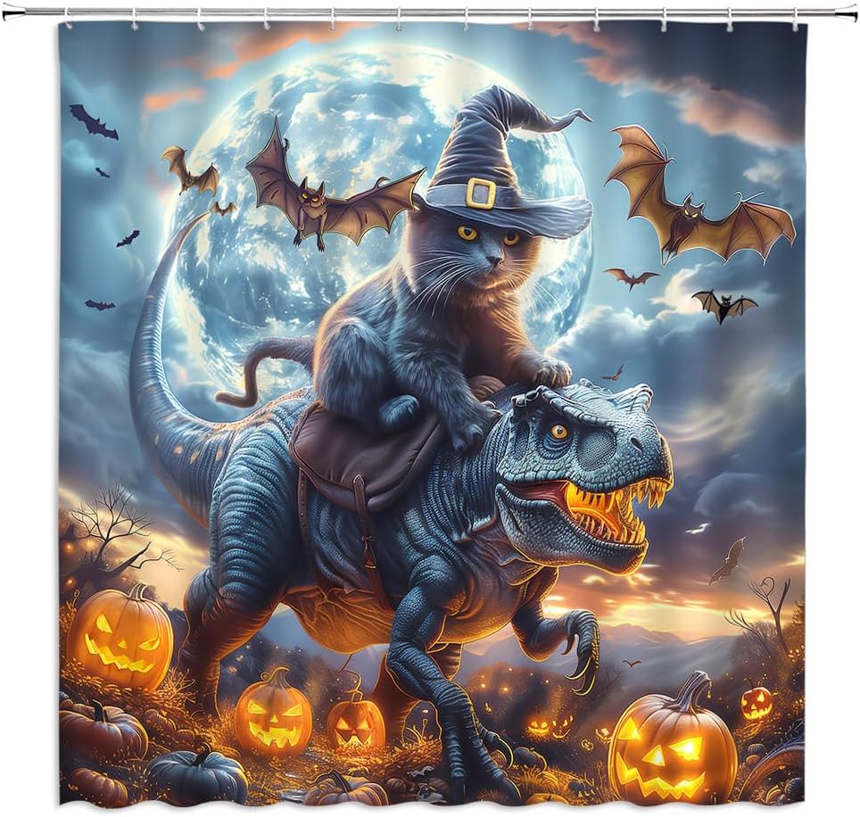 Black Cat Riding Dinosaur Shower Curtain Spooky Halloween Pumpkin Witch Hat Bat Full Moon Creepy Night Forest Tyrannosaurus Trex 90x180CM