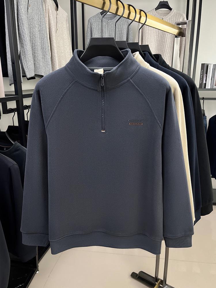 - "Warm Wool Sherpa Fleece Half-Zip Sweatshirt with Stand Collar - Double-Sided Velvet for Autumn/Winter"