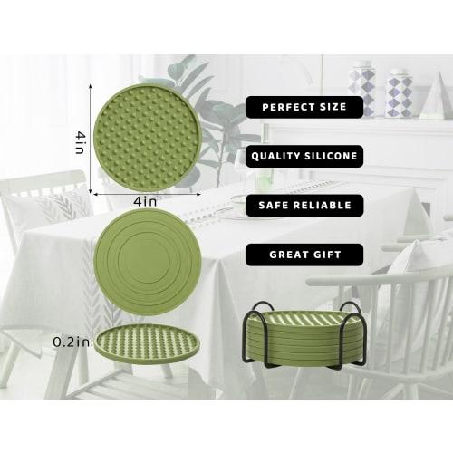 KEHOUXRE Drink Coasters, 6-Pack with Holder, Heat-Resistant Silicone Cup Mats, Tabletop Protection, Non-Slip Rubber Coasters for Various Cups (Green)