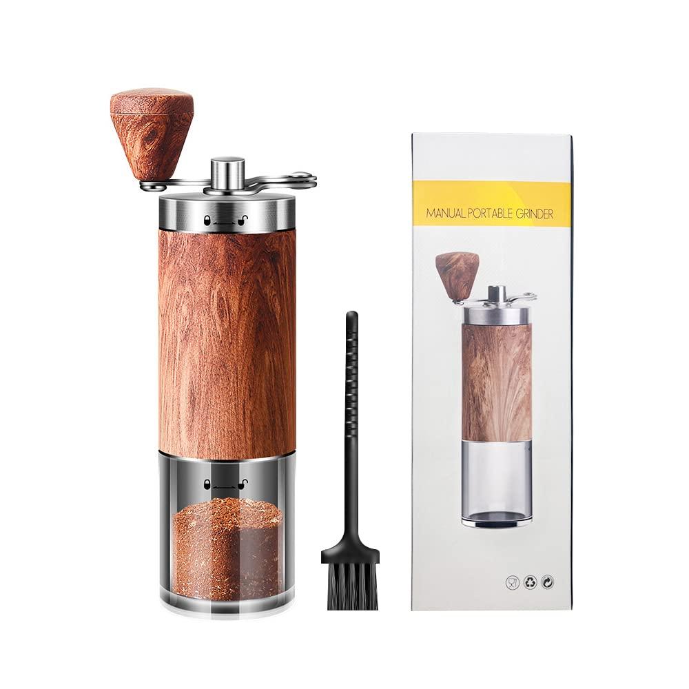 Portable, compact, hand-held coffee grinder with ceramic mortar, 5-degree adjustable grinding angle, washable clear container, natural wood finish,