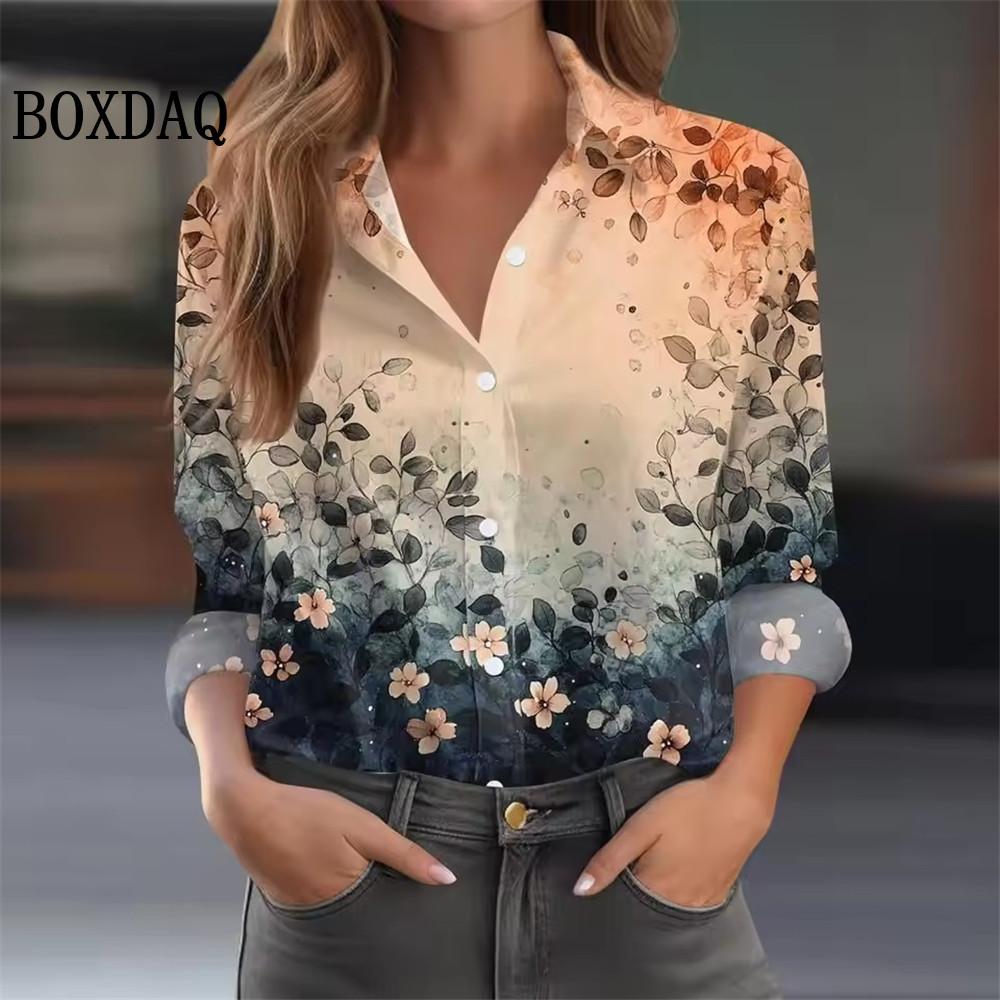 Women's 3D Floral Pattern Print Shirts Vintage Autumn Long-Sleeved Blouse Fashion Casual Loose Button Everyday Lapel Shirt Tops