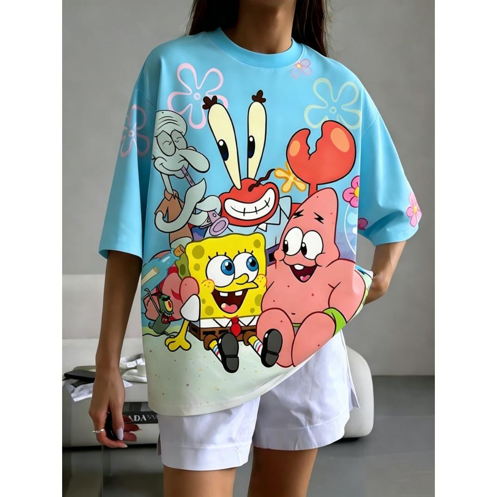 Summer SpongeBob Print Kawaii Street Y2K Vintage Men Women Tee Adults Children Boy Gril Top Kids Parent Child Quick dry Tshirt