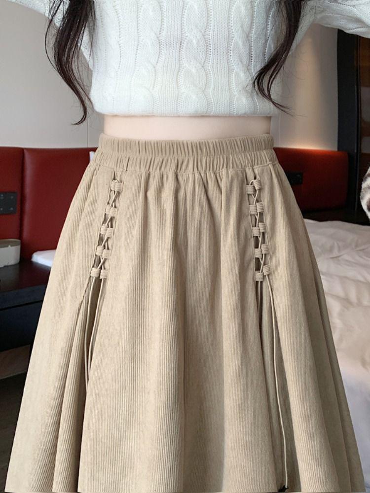 Women's High-Waist Corduroy A-Line Midi Skirt - Spring & Autumn 2025, Coffee Color