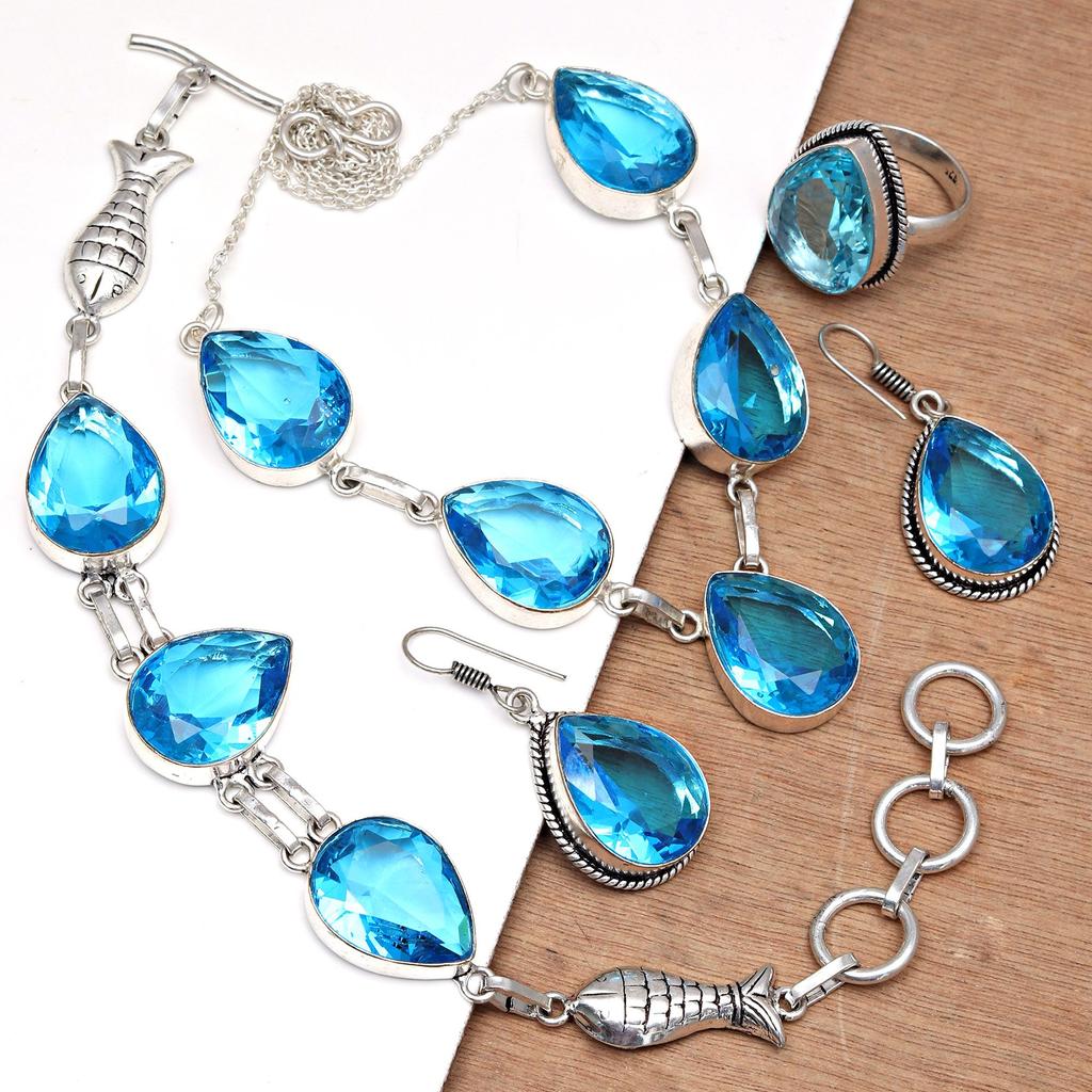 Topaz Blue London Jewelry Set  Gemstone Necklace Gift Sterling