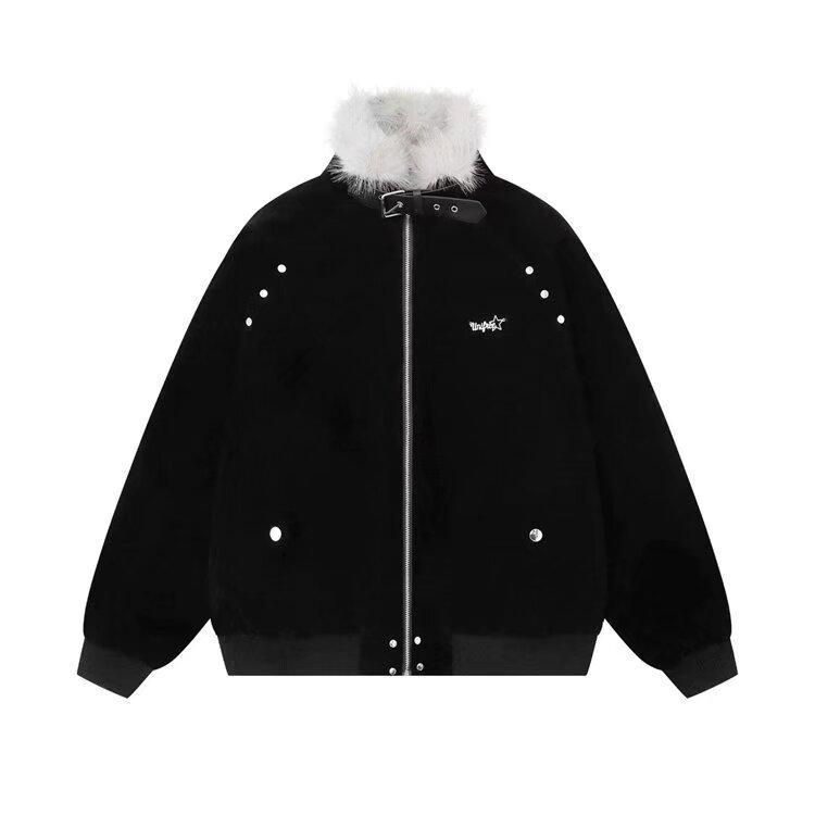 

Men s Retro Patchwork Leather Buckle Jacket with Fur Collar - Thick, Warm, Cotton Outerwear for Motorbiking XL чорний