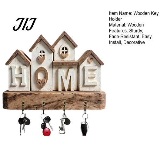 Vintage Campervan Wall Art Wooden Key Holder Rack, Camping RV Pattern Rack with 4 Hooks, Hook for Home 2D Farmhouse Mount Organizer Entryway