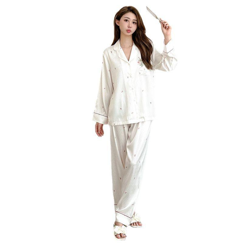 1011 new sweet and cute wind ice silk pajamas women's long-sleeved thin small floral light luxury loungewear set