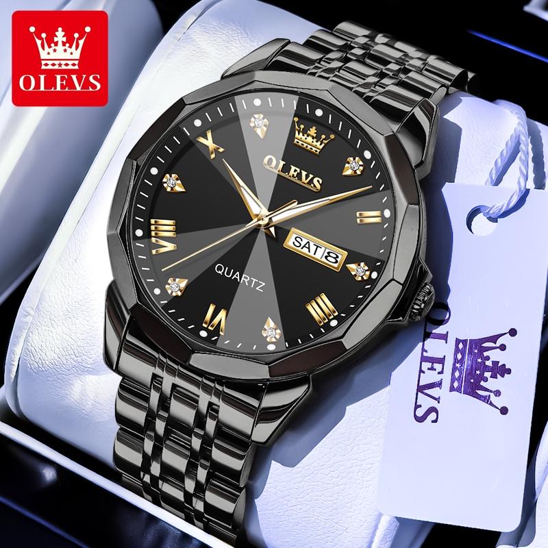 OLEVS Luxury Man Watch Solid Steel Strap Waterproof Men's Watches Fashion Rhombus Mirror Dual Calendar Quartz Wristwatches 9931
