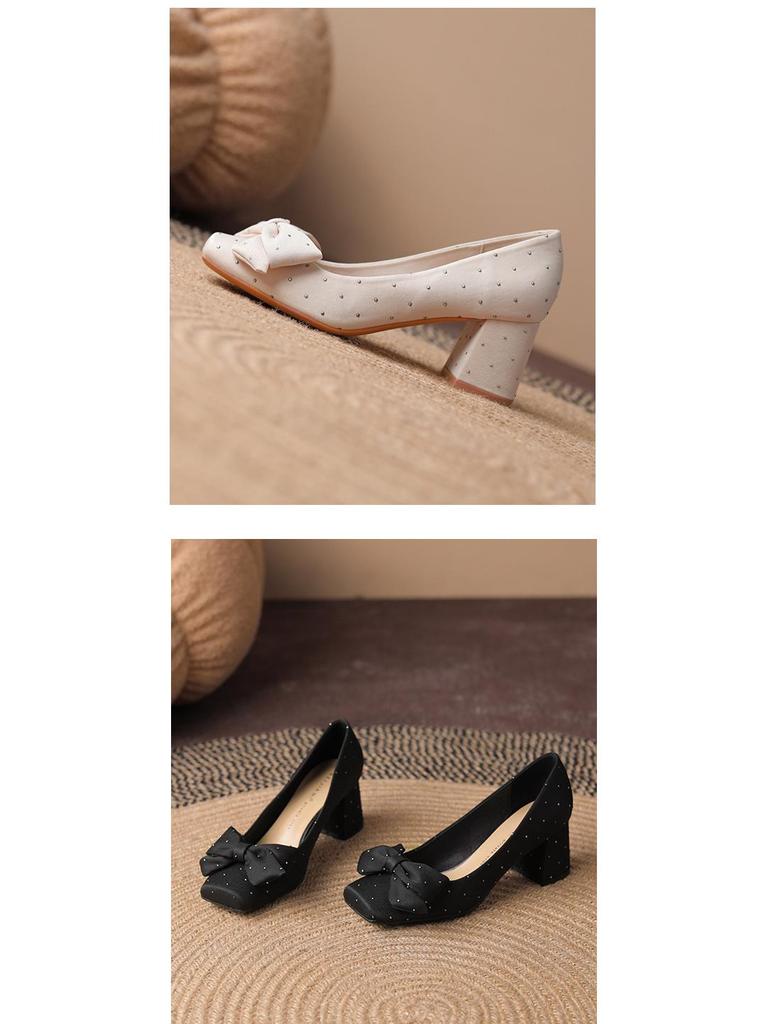 Burgundy Square Toe Silk Heels with Rhinestone Bow