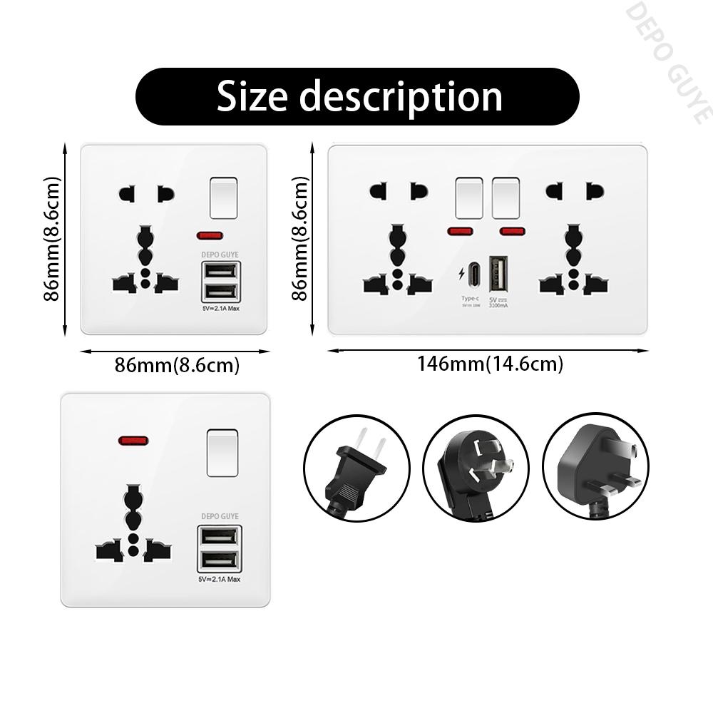 White UK Standard 13A USB Wall Socket Panel,Universal 18W Type-c Quick Charge Socket Plug,Wall Light Switch Electrical outlet
