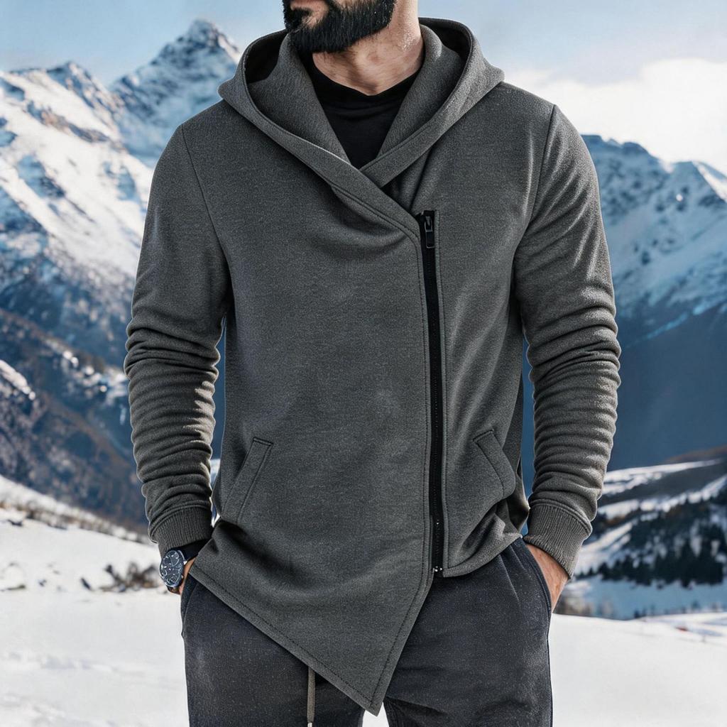 Men Fleece Hoodies Asymmetric Diagonal Zipper Sweatshirt Autumn Winter Casual Long Sleeve Hooded Jacket