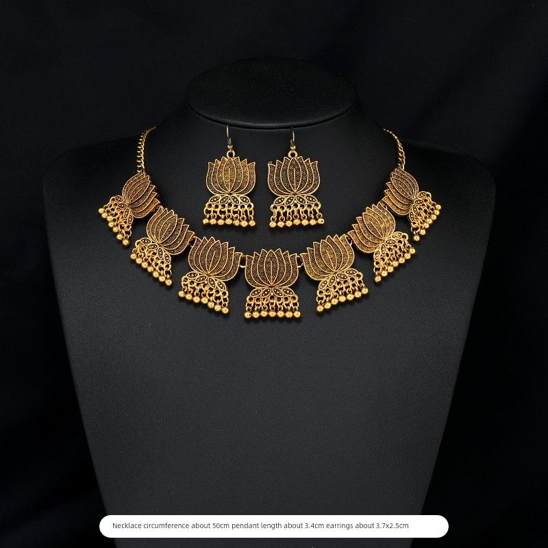 

Indian Ethnic Style Bohemia Earrings Female Clavicle Chain Lotus Style (Necklace and Earrings Set)