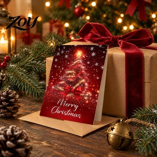 Christmas Greeting Cards for Relatives 6 Pcs Tree Cards, Merry Sparkly Bulk Stationery Set Holiday with Envelopes Winter, Xmas Party Supplies Wishes