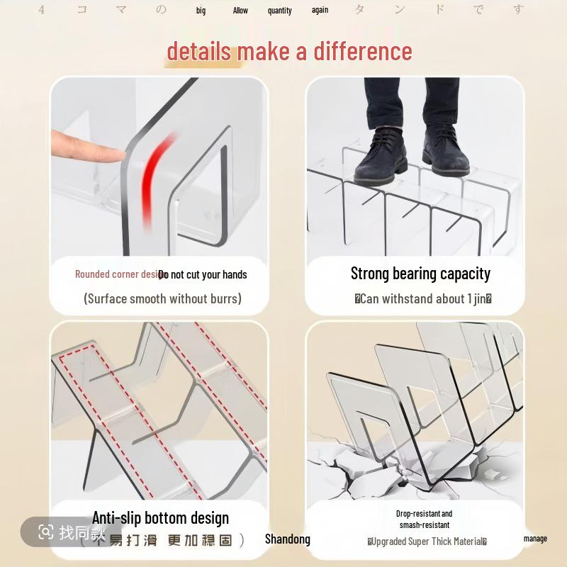 Clear Acrylic Book Stand: Durable, Four-Row, Drop-Resistant Storage Rack