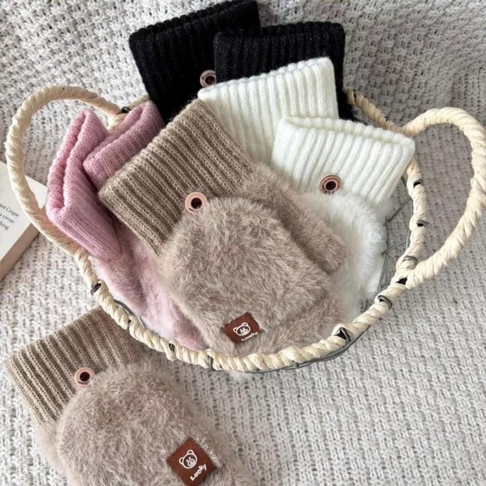 Cute Autumn Winter Half Finger Gloves Plush Warm Touchscreen Gloves Thickened Anti-Cold Flip Cover Gloves Student Writing Gloves