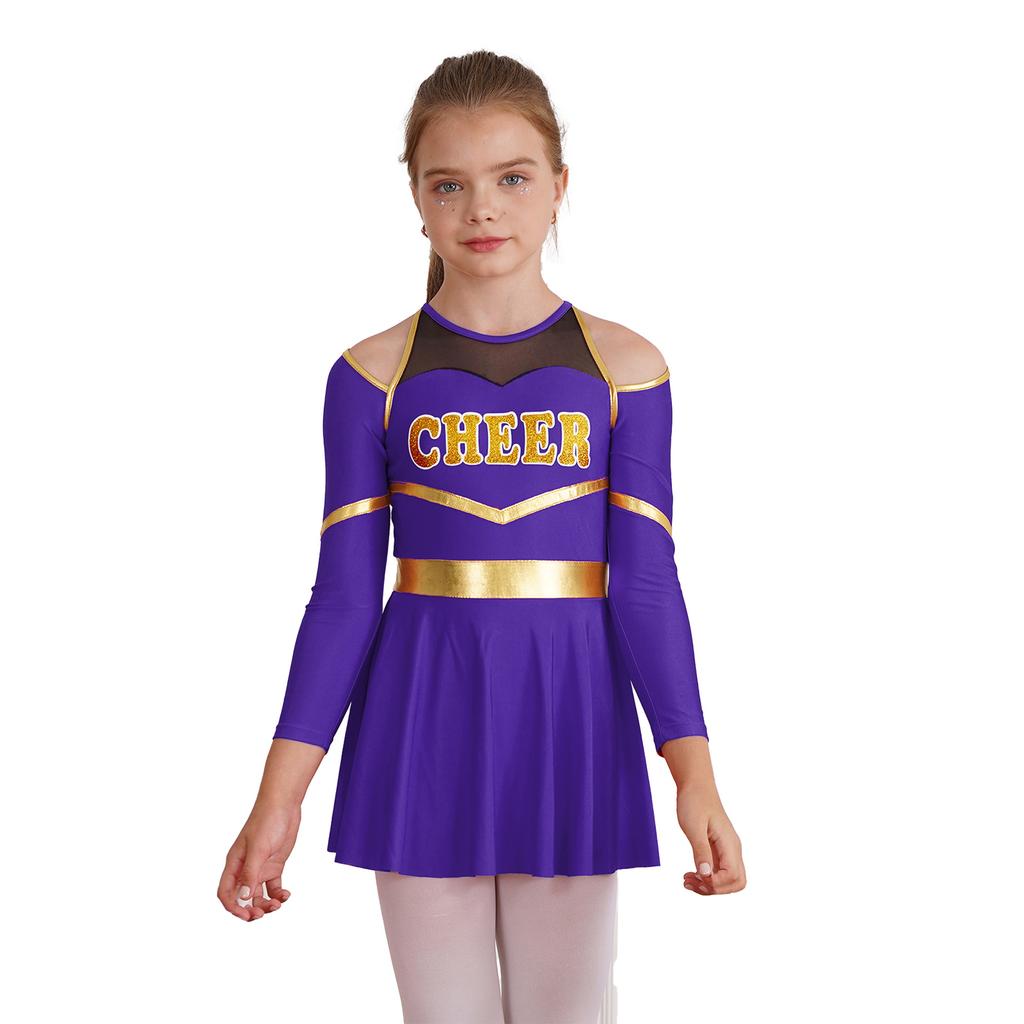 Complete Cheerleading Outfit for Girls: Contrast Color Long Sleeve Leotard Dress Featuring Cold Shoulder & Keyhole Back Detail